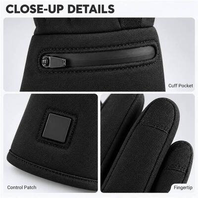 Graphene Heated Gloves, Black Winter Gloves with Cuff Control Patch and Zippered Battery Pocket, Long Cuff, Custom Size Color Private Label and Packaging for OEM ODM Projects