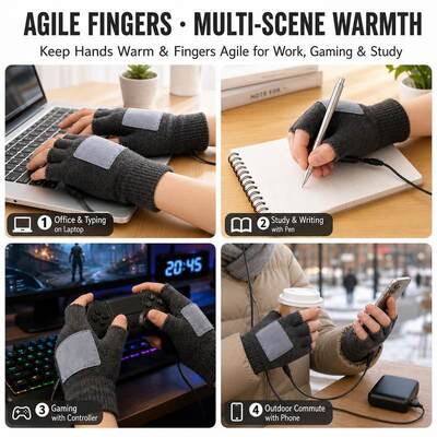 USB Heated Knit Gloves, 5V Fingerless Winter Gloves with Detachable Velcro Heating Pad, 40-50C Constant Warmth, Overheat Protection, CE FCC RoHS, Custom Color Logo and Packaging